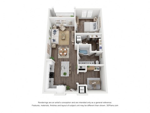 Floor plan for 1 bed, 1 bath, 884 sqft